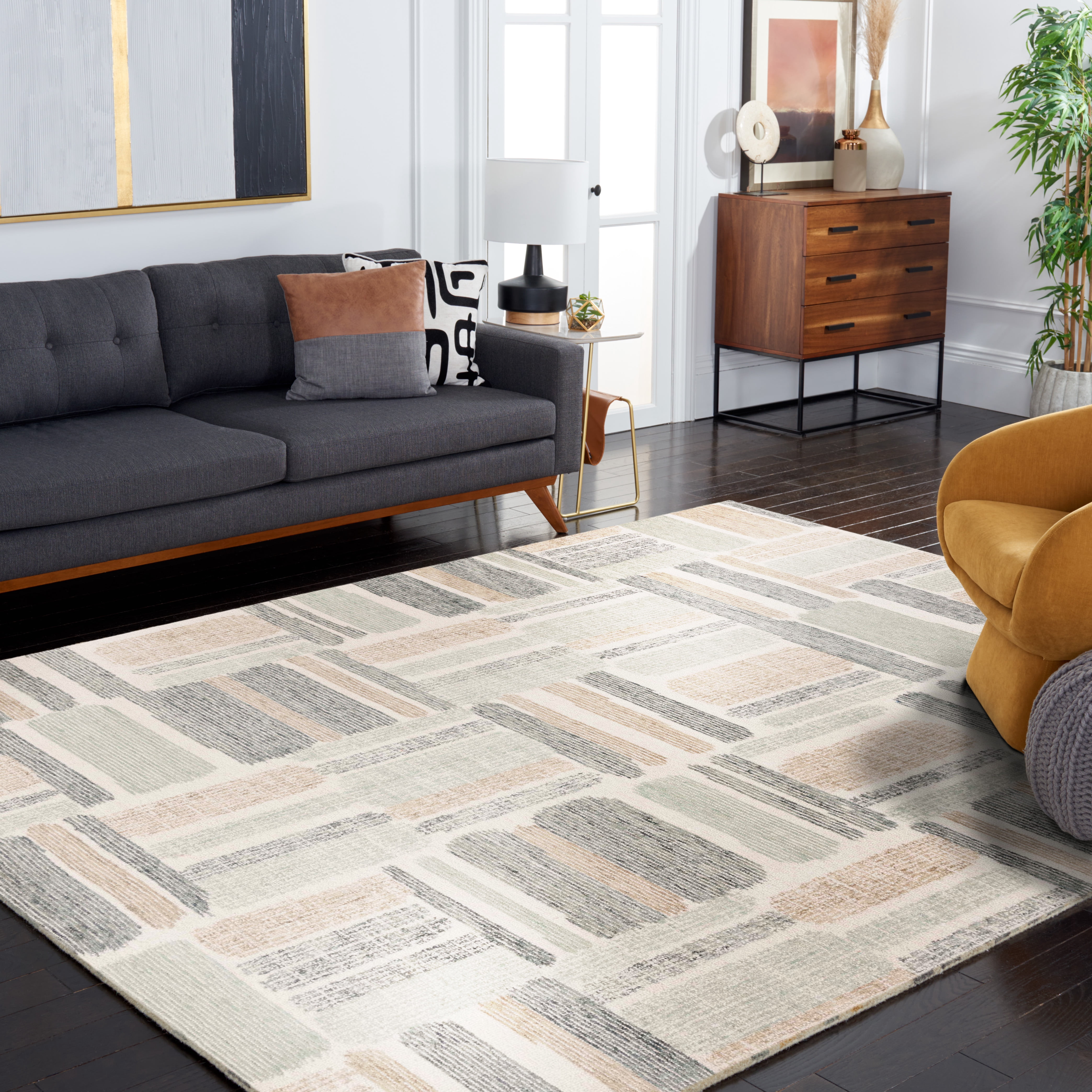 SAFAVIEH Micro-Loop Bedelia Geometric Striped Area Rug, Ivory/Grey, 5' x 5' Square