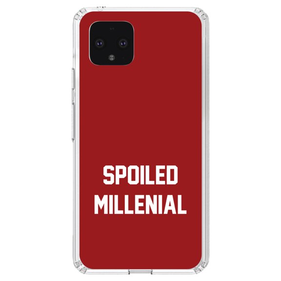 DistinctInk Clear Shockproof Hybrid Case for Google Pixel 4 XL (6.3" Screen) - TPU Bumper, Acrylic Back, Tempered Glass Screen Protector - Spoiled Millenial - Red & White