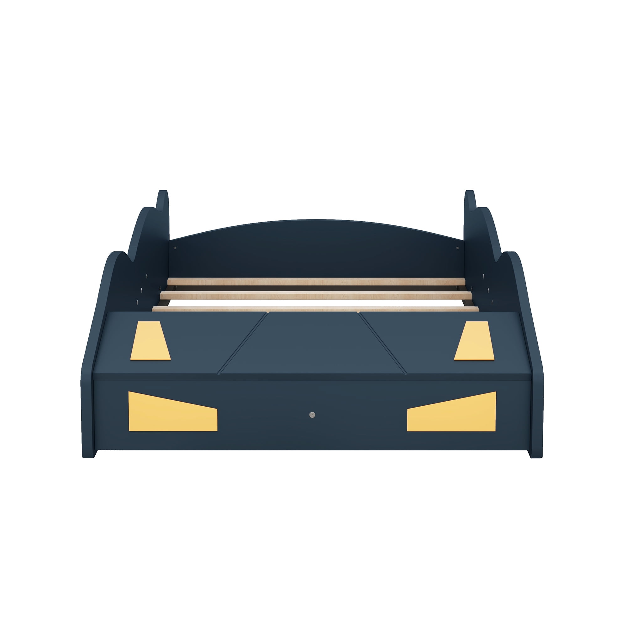 Euroco Car-Shaped Twin Size Platform Bed with Tires and Storage Cabinet for Kids Bedroom, Dark Blue