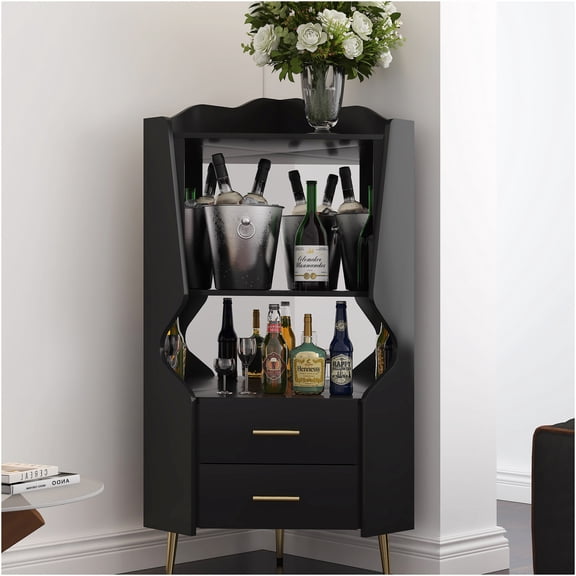 JERFIT Modern Corner Bar Cabinet with Mirrored Back, 2 Drawers & Open Shelves for Dining Room, Living Room Storage | Black Engineered Wood