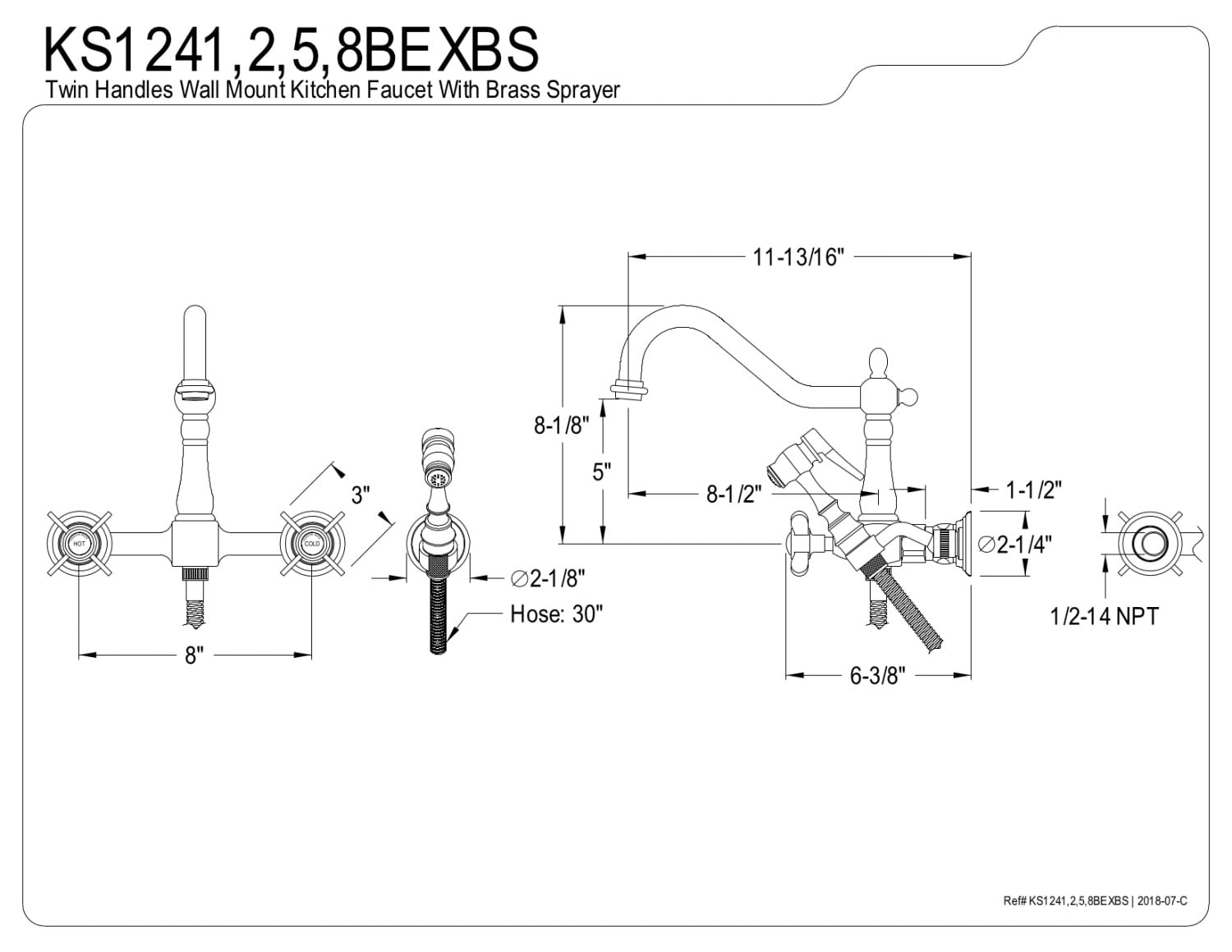 Kingston Brass KS1241BEXBS Essex Wall Mount Bridge Kitchen Faucet with Brass Spray, Polished Chrome