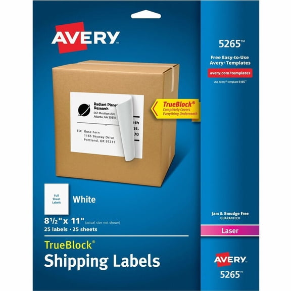 Avery Shipping Address Labels, Inkjet Printers, 25 Labels, Full Sheet Labels, Permanent Adhesive, TrueBlock (8165)