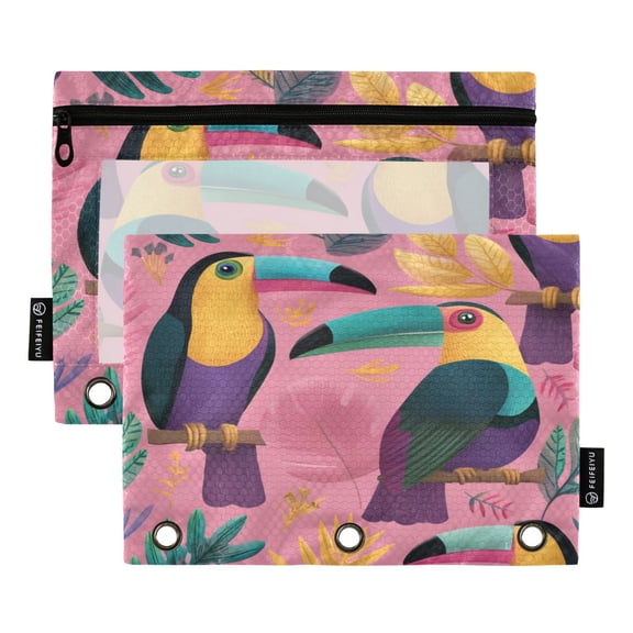 2 Pack 3 Ring Binder Pouch with Clear PVC Window Water Resistant Zipper Pencil Pouch Digital Illustration Of Cute Toucans Binder Pocket for Classroom Office Home Stationery Organization