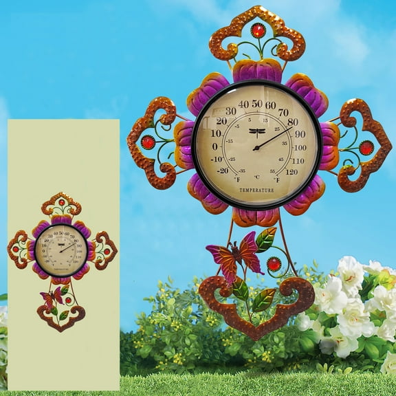 Metal Cross Thermometer Indoor Outdoor Wall Art Decor Plaque Sculpture Hanging Mounted for Living Room Bedroom Kitchen Workroom Patio, Whimsical Elegant Metal Cross Decor, No Battery Required