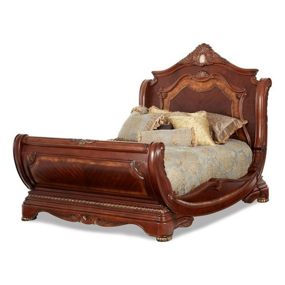 Michael Amini Cortina Cal. King Wood Sleigh Bed in Honey Walnut