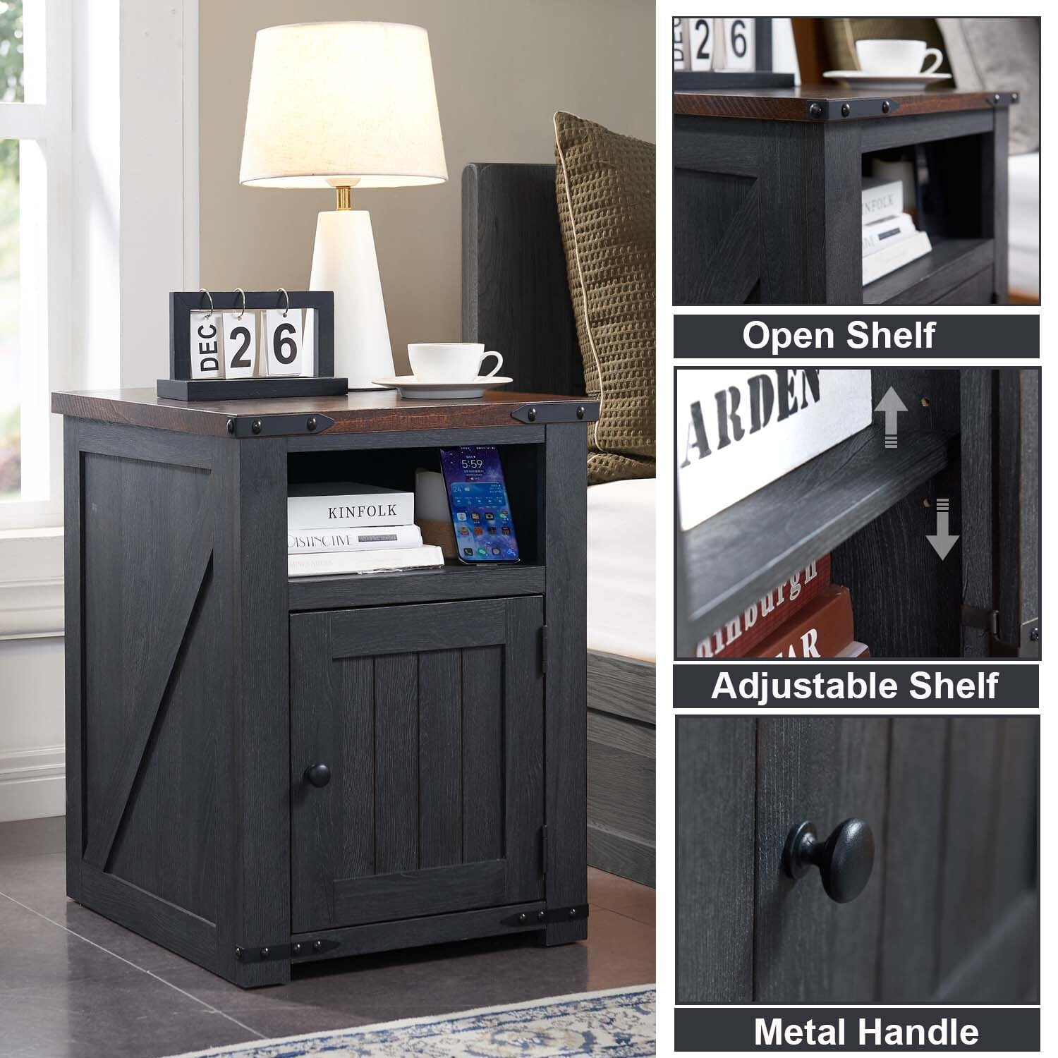 IFGET Farmhouse Nightstand with Charging Station, End Table with Banr Door Storage Cabinet & USB Ports & Power Outlets for Bedroom Living Room