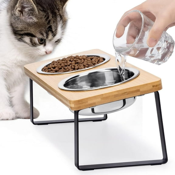 Elevated Cat Bowls for Food and Water, 15° Tilted Raised Stainless Steel Cat Food Bowl, Iron Wood Stand with Anti Vomiting Dishes for Indoor Cats, Dogs and Pet