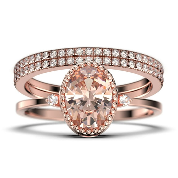 Beautiful Boho And hippie 2.35 Carat Oval Cut Morganite And Diamond Moissanite Engagement Ring, Wedding Ring, Two Matching Band in 925 Sterling Silver With 18k Rose Gold Plating Romanic Gift For Her