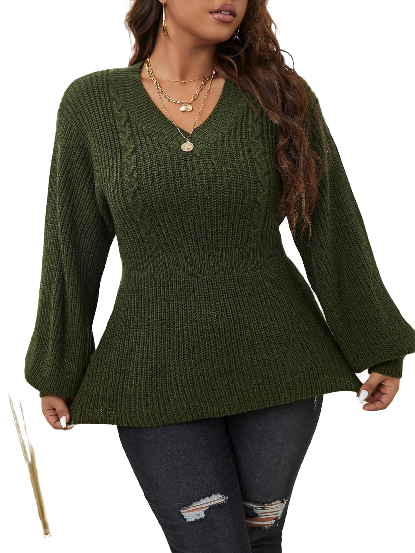 Regular Plain Plus Size Sweaters Long Sleeve Slight Stretch Army Green ...