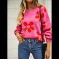 thumbnail image 4 of Suéter de Mujer de Otoño, Larga, Cuello Redondo, Jersey de Punto de Gran Tamaño, Tops Casuales con Estampados. Rosa Roja M, 4 of 10