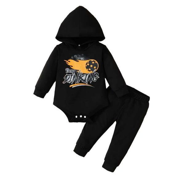 Kucnuzki 9 Months Newborn Baby Boy Winter Outfits Pants Sets 12 Months Long Sleeve Cool Basketball Prints Hoodie Rompers Elastic Camo Pants 2PCS Set Black