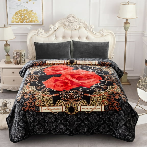 NC Plush Fleece Blanket For Bed,Lightweight Soft Black Red Floral Blanket,Queen 75"x91"