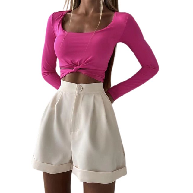 Txlixc Blusa de mujer, cuello cuadrado, manga larga, camiseta hueca retorcida de color sólido Txlixc moda