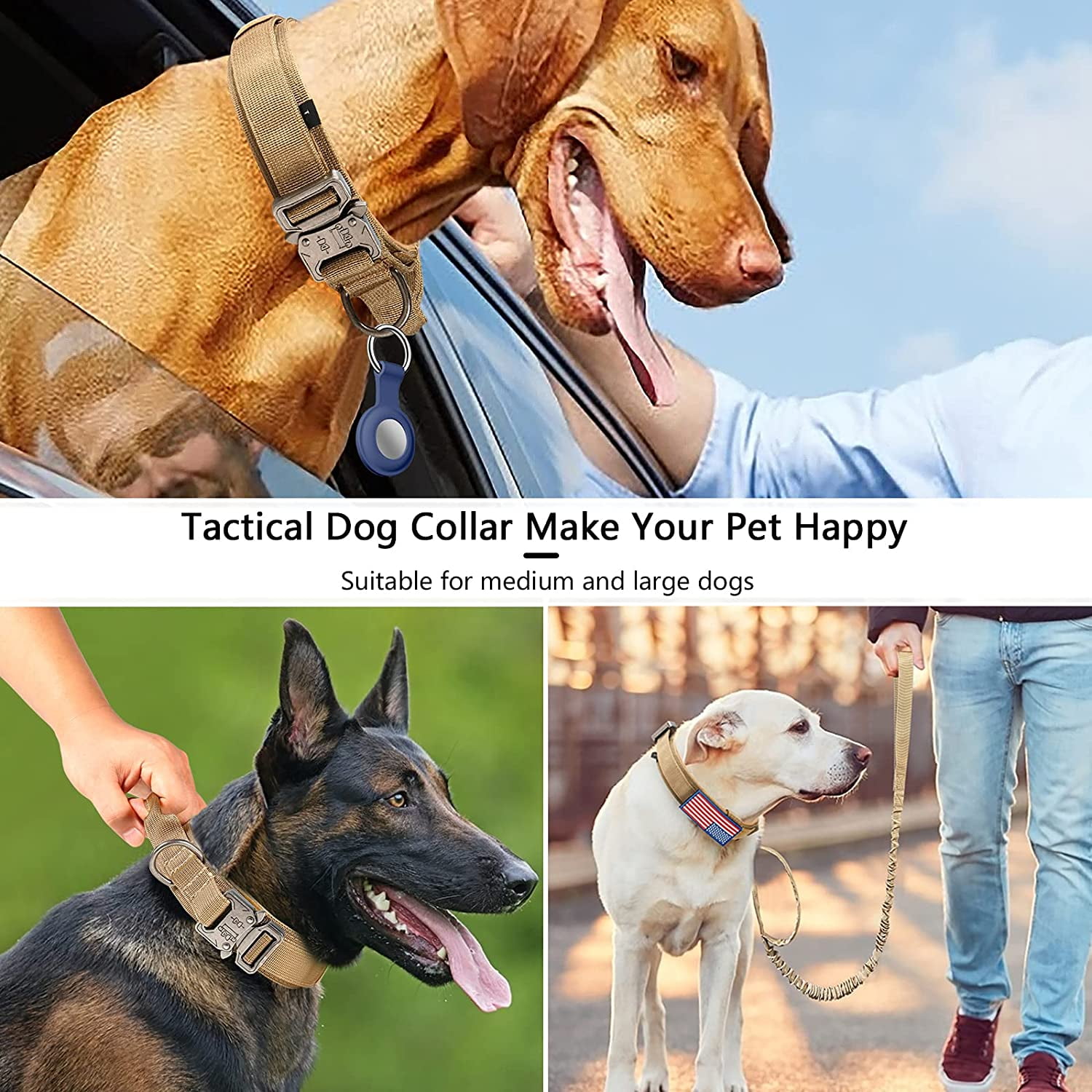Tactical Dog Collar, Adjustable Military Training Nylon Dog Collar with Control Handle and Heavy Metal Buckle for Medium and Large Dogs, with Patches and Airtags Case