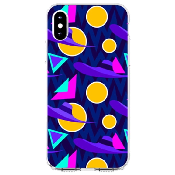 DistinctInk Clear Shockproof Hybrid Case for iPhone XS Max (6.5" Screen) - TPU Bumper, Acrylic Back, Tempered Glass Screen Protector - Pink Purple Yellow 90s Pattern - Relive the 90's