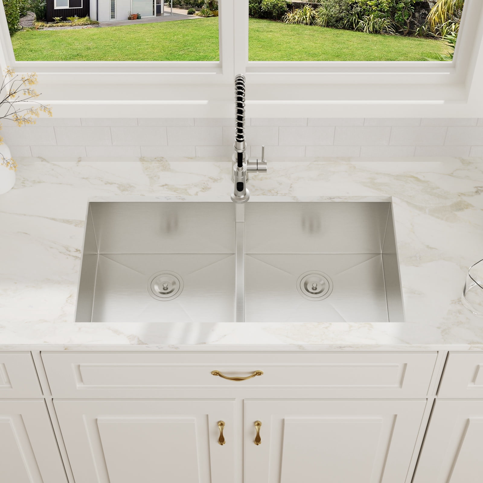 28 in. Undermount 50/50 Double Bowl 16 Gauge T304 Stainless Steel Low Divided Kitchen Sink with 2Pcs Bottom Grids/Drains