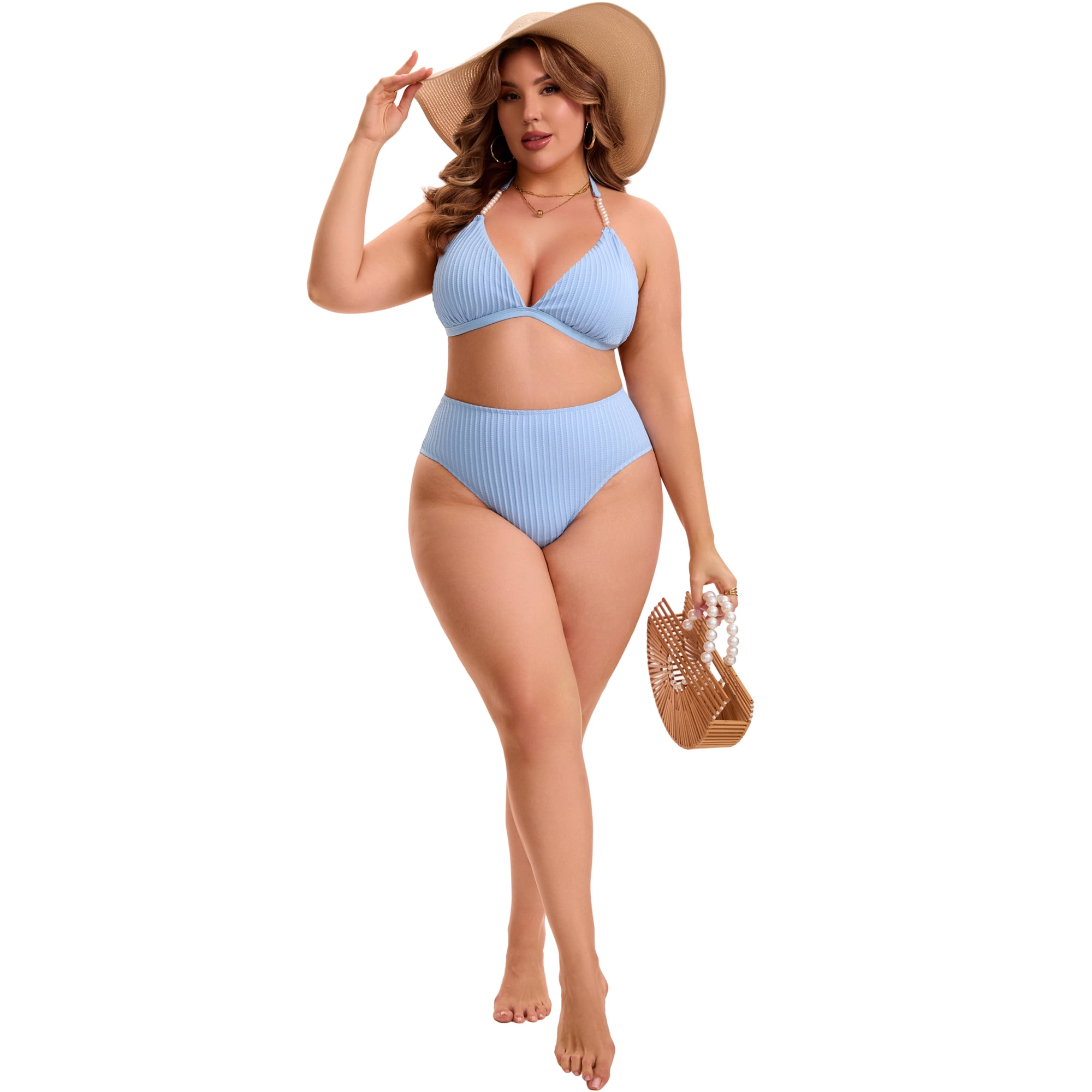 DARING DIVA Women's Plus Ribbed Halter Pearl Strap Top High Waisted Shorts 3X Light Blue