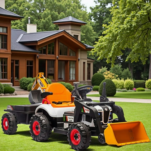 MIDOQIN Ride On Excavator, 24V Electric Car for Kids with Remote Control, 3 Speeds, Dump Truck & Bulldozer/Tractor, Music, Lights