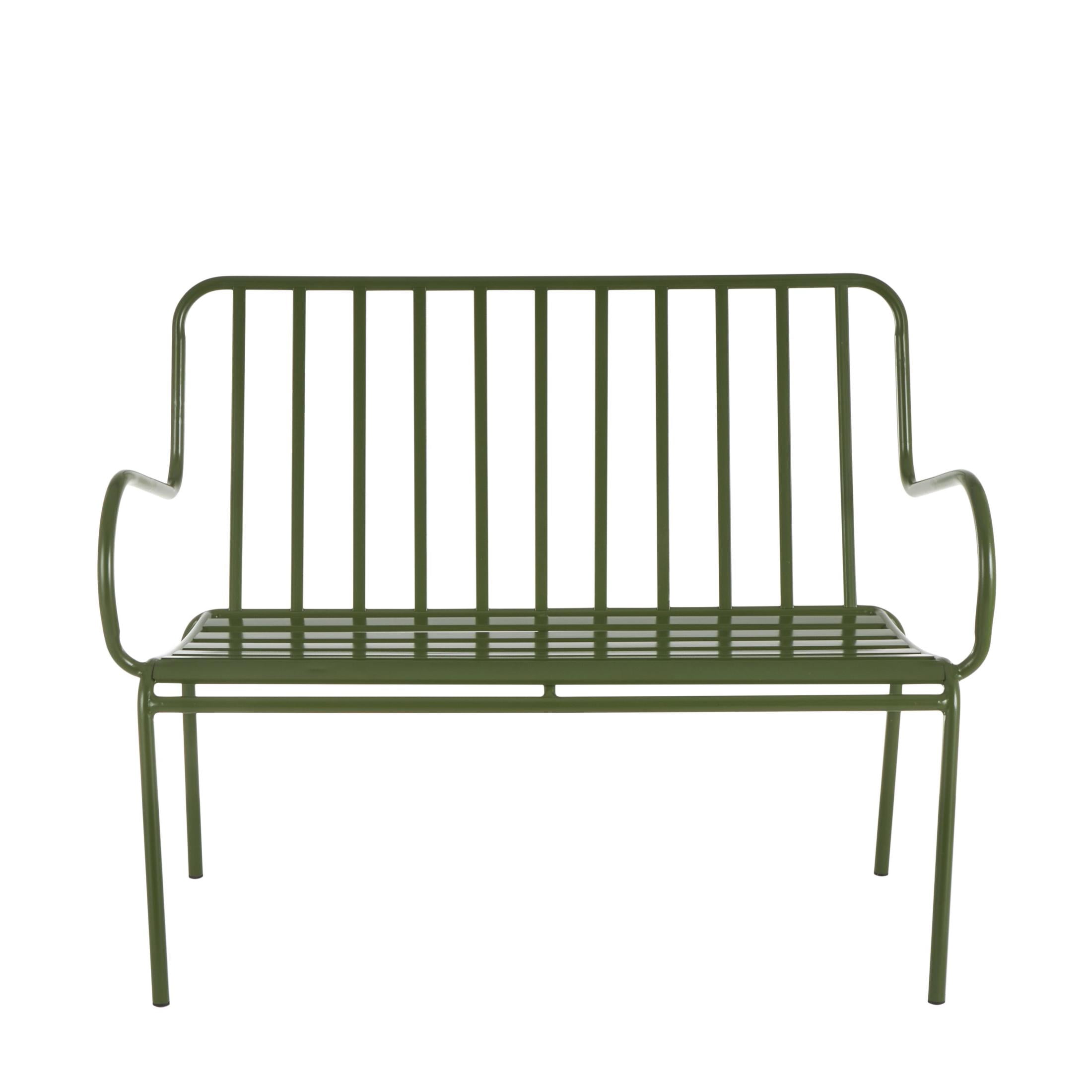 DecMode Metal Slatted Outdoor Bench with Curved Armrests, Green