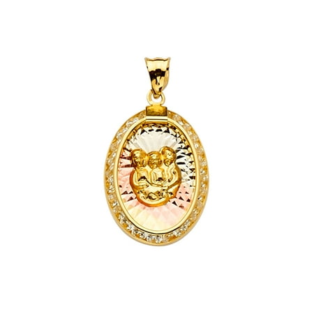 Ioka - 14K Tri Color Gold CZ Baptism Medal Religious Charm Pendant For Necklace or Chain