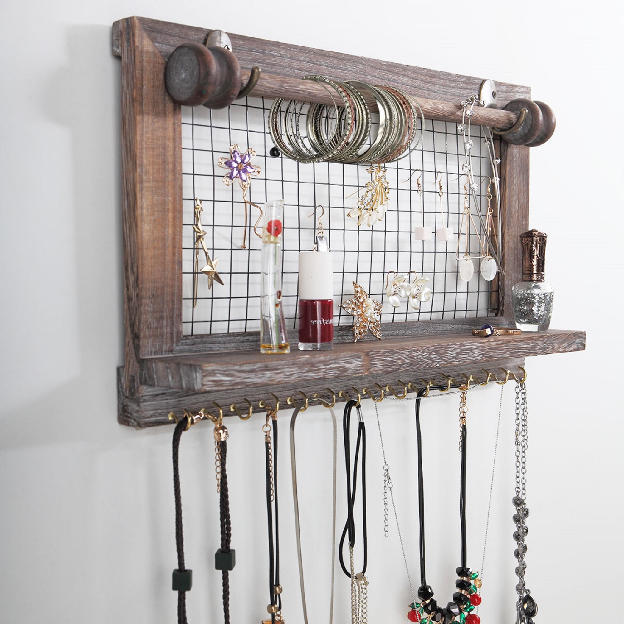 Rustic Brown Jewelry Organizer Wooden Wall Mounted Holder For Earrings Necklace 
