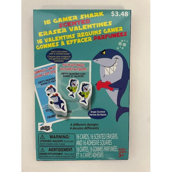 Mello Smello 16CT Gamer Shark Scented Eraser Valentines Kiddie Cards