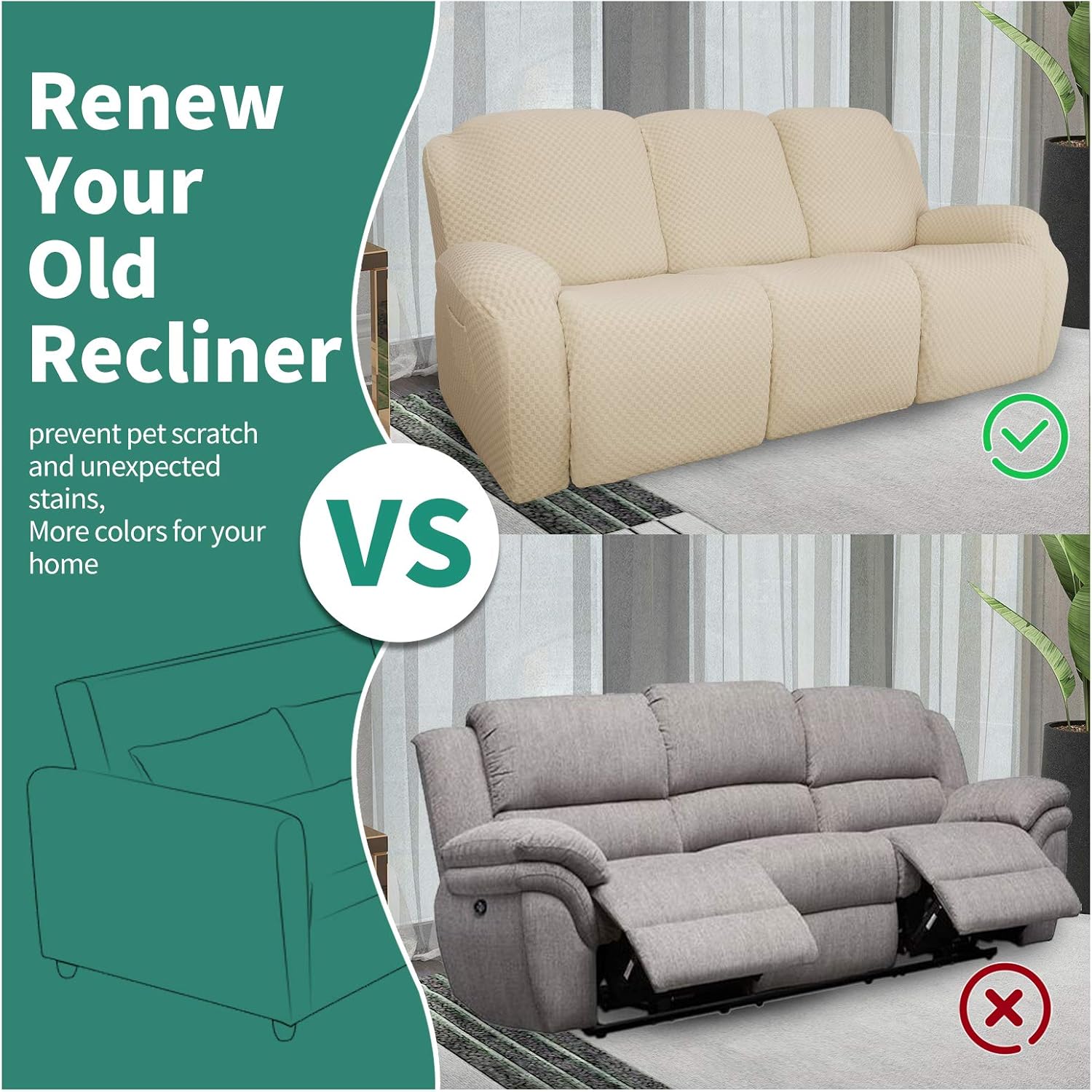 Joqmia Stretch Recliner Slipcover, Jacquard Fabric Recliner Sofa Cover with Elastic Bottom, Furniture Protector Fits Most Reclining