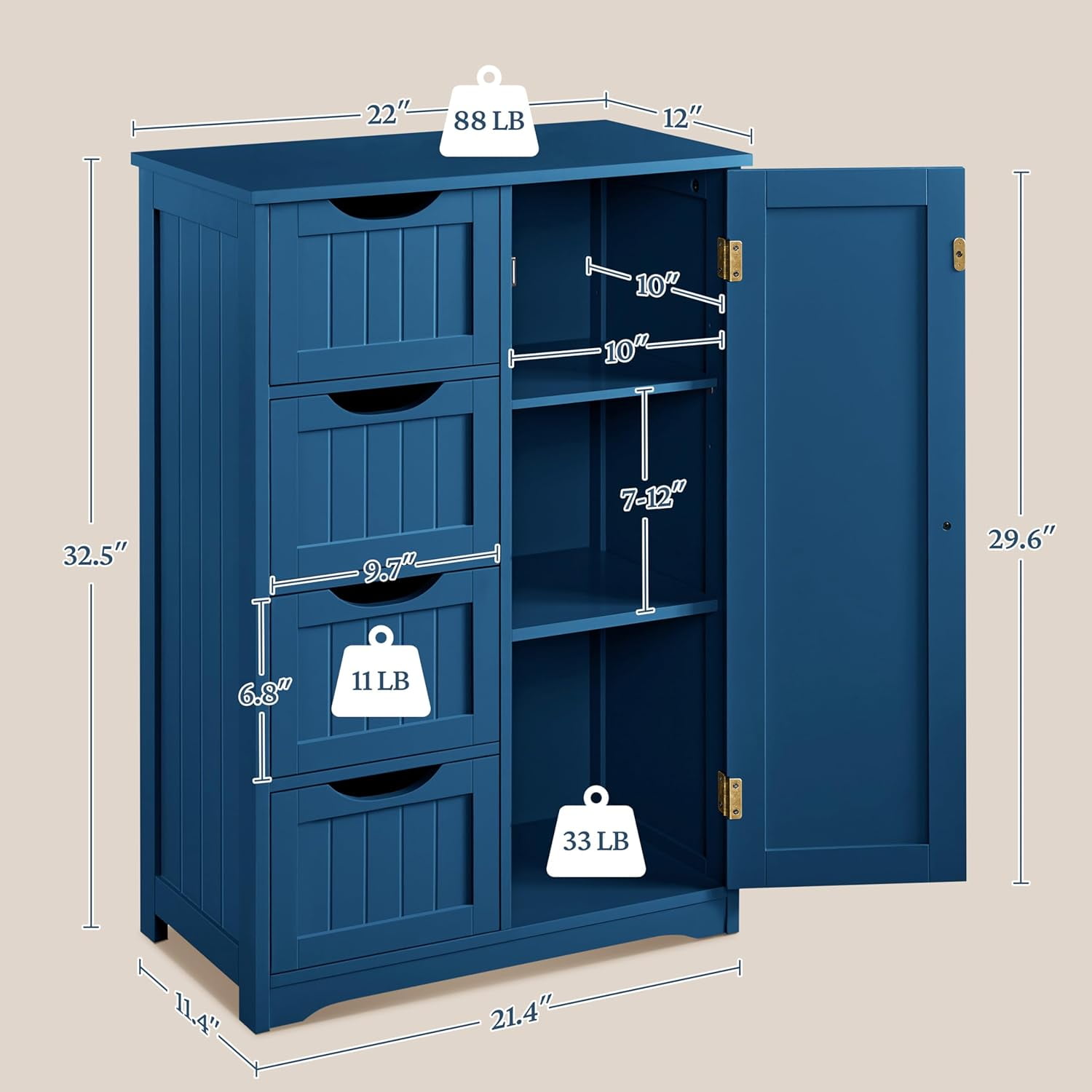 Wooden Bathroom Floor Cabinet, Side Storage Organizer Cabinet with 4 Drawers and 1 Cupboard, Freestanding Entryway Storage Unit Console Table, Bathroom Furniture Home Decor, Navy Blue