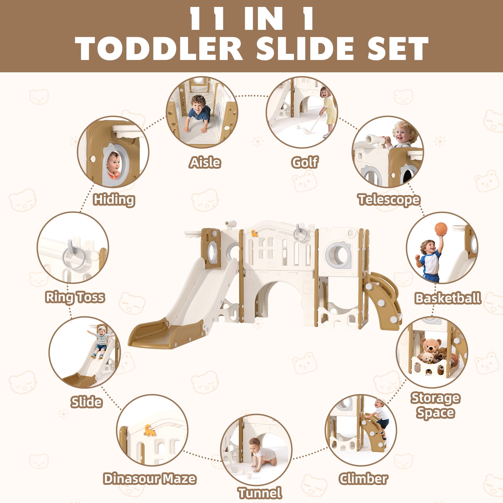 XJD 11 in 1 Toddler Slide PlaySet for kids indoor/outdoor for Toddlers Age 1-3, Coffee