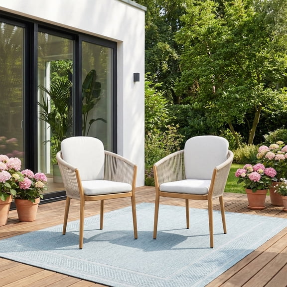 Outdoor Dining Chairs Set of 2, 29 inches Aluminum Frame Patio Chairs with Woven Rope Armrests & Removable Cushions Weather Resistant Seating for Backyard Porch
