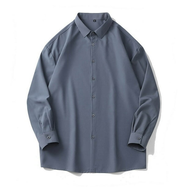 Blusa y camisa de manga larga con cuello vuelto para hombre, moda de color liso, informal, versátil, con solapa y botones, abrigo de poliéster de manga larga para hombre