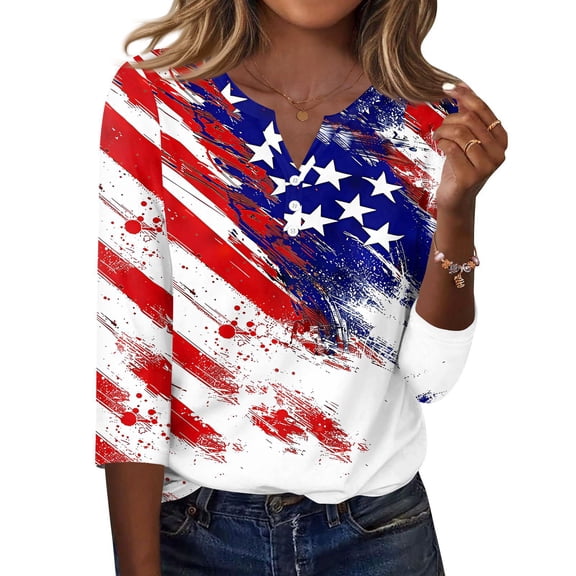 250th Anniversary USA Shirts for Women Plus Size 3/4 Sleeve Tshirts Casual USA Flag Print Pullover Independence Day Patriotic Tops 4th of July Celebration Party V Neck 1776-2026 Blouses Blue XL