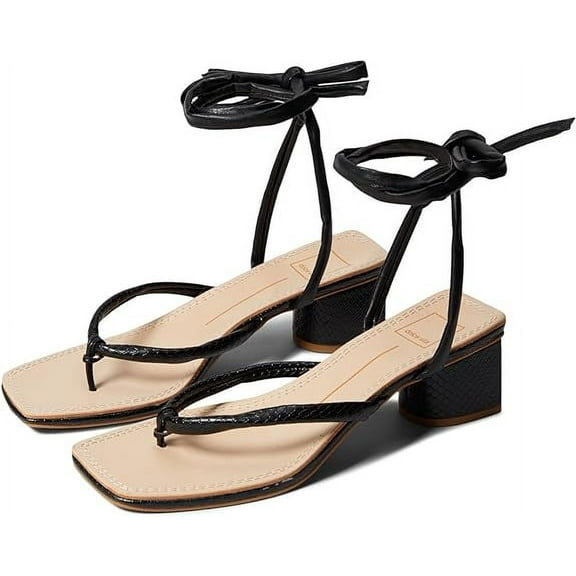 Dolce Vita Jorry Black Embossed Stella Tie Up Squared Toe Block Heeled Sandals (6, Black Embossed Stella)