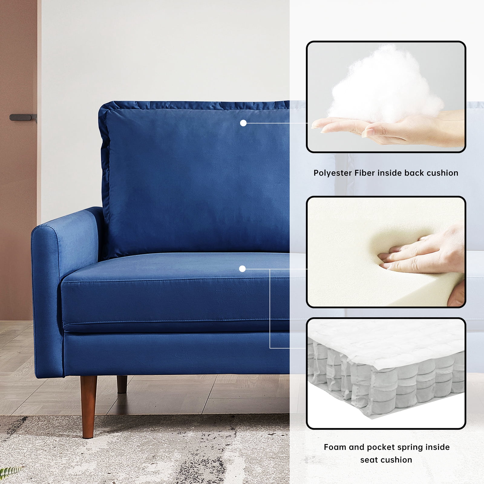 Zephyr 69" Modern Contemporary Sofa, Velvet Upholstered Loveseat Couch with Tassle Sewn Back Cushion, Blue