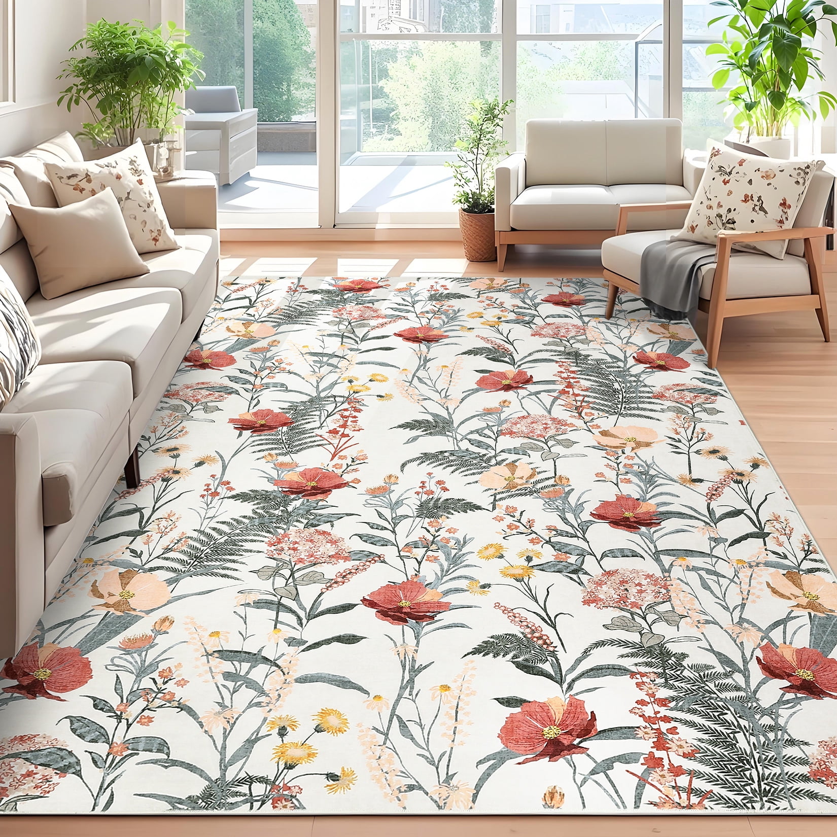 HOMERRY Washable 5' x 7' Area Rug for Living Room Farmhouse Modern Floral Beige Rug Non Shedding Indoor Carpet