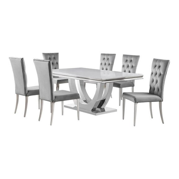 Pemberly Row 7-piece Modern Metal Base Dining Room Set in Gray and Chrome
