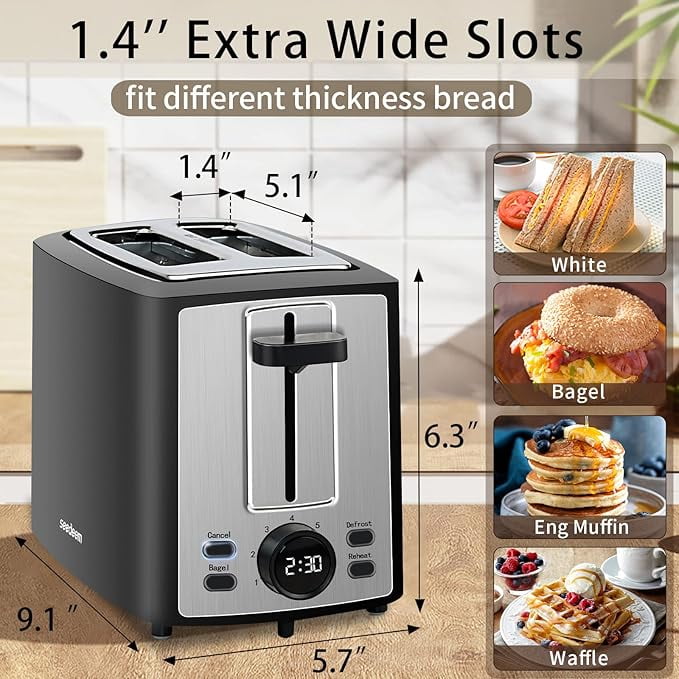 Toaster 2 Slice, Bread Toaster with LCD Display, 7 Shade Settings, 1.４'' Extra Wide Slots Toaster with Cancel, Bagel, Defrost, Reheat Functions, Removable Crumb Tray, 900W, Carbon Black