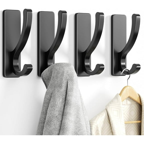 Adhesive Wall Hooks for Towels Coats - Stick On Hooks Hanging Heavy Duty (13lb), Metal Hook for Door, Bathroom, Dorm, Closet - Hanger for Purse, Bag, Robe,Backpack - No Damage to Wall - Black 4 Pack