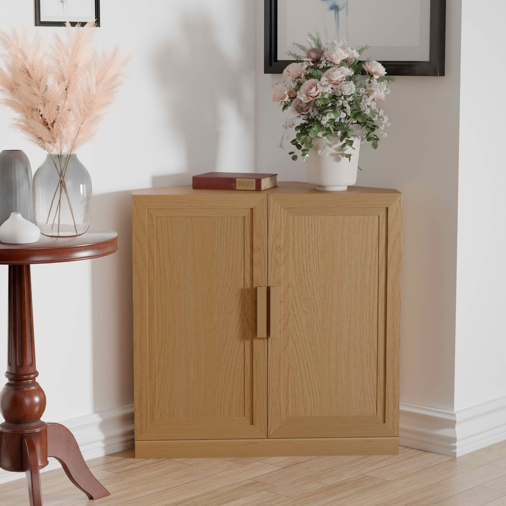 MAYEERTY 31x31x16 Inch Natural Wood Grain 2-Door Corner Storage Cabinet with Solid Wood Door