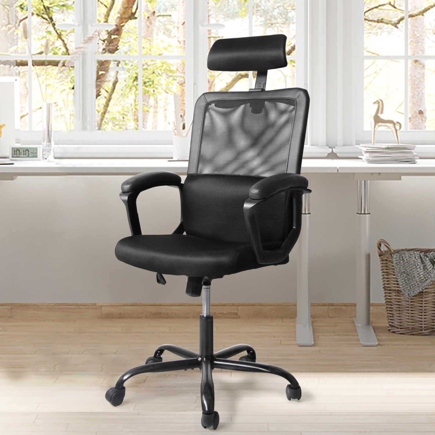 BLACK MESH COMPUTER OFFICE DESK CHAIR WITH CHROME ARMS 