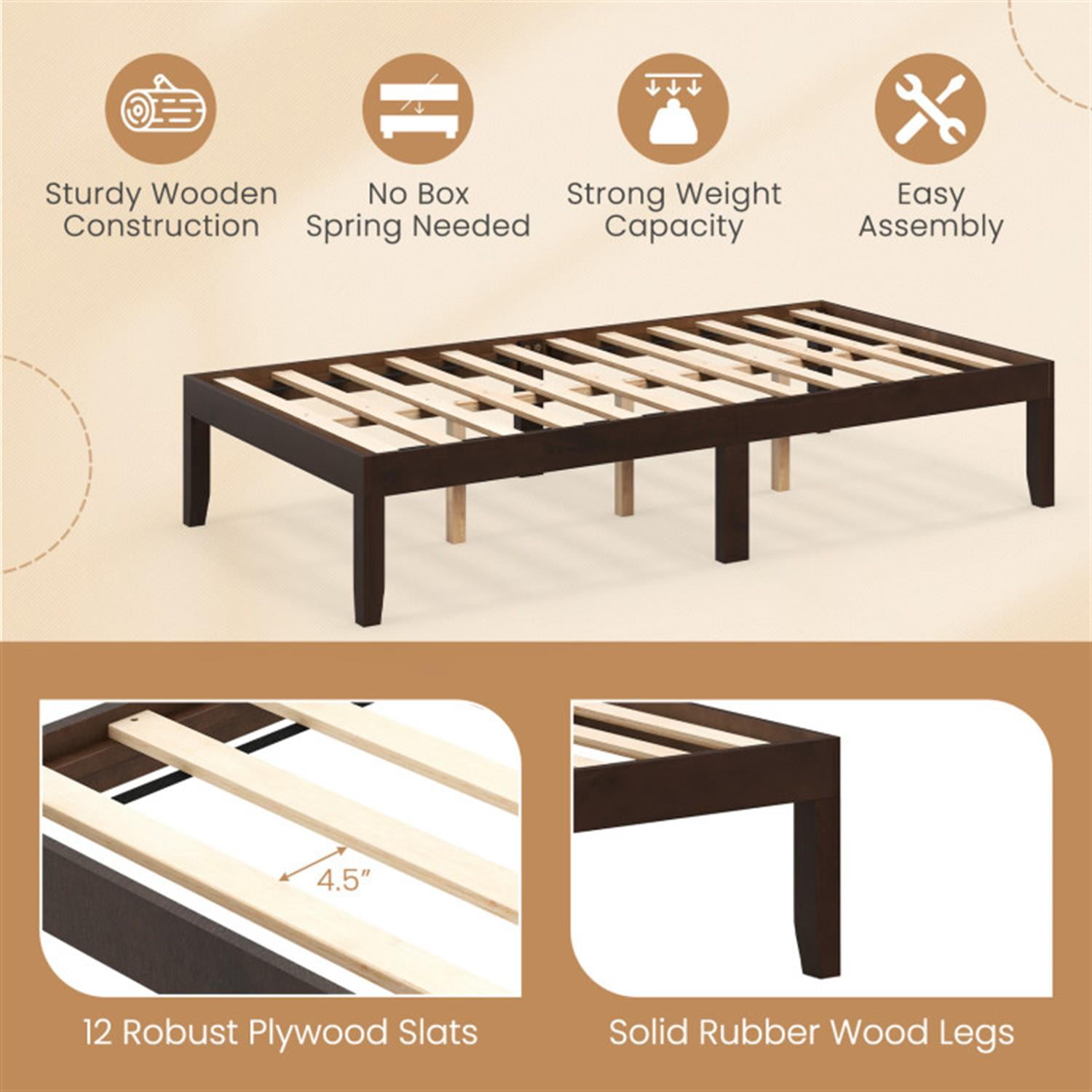 Demi Bonn Twin Size Bed Frame with Wooden Slats Support and Rubber Wood Legs, Acacia Wood Platform Bed Frame with Under Bed Storage, No Box Spring Needed, Brown