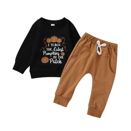 

Toddler Baby Boy Fall Winter Outfits Bk2 Toddler Letter Pumpkin Printing Long Sleeve Sweatshirt Casual Pants 2Pieces Children s Clothing Suit 5-6 Years