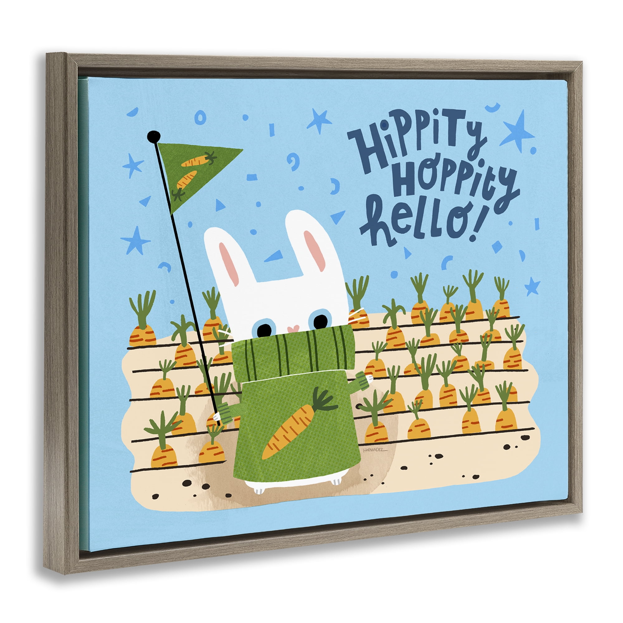 Stupell Industries Hippity Hoppity Hello Bunny Animals Painting Brown Floater Framed Canvas Art Print Wall Art, 21 x 17