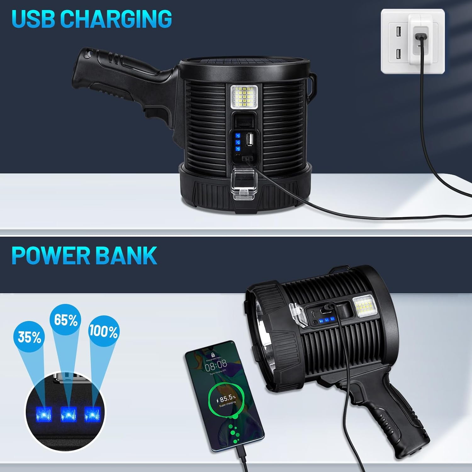 Spotlight Flashlight Outdoor, 900,000 Lumen Brightest Rechargeable Spotlight with Solar Panels &amp; 6 Modes, Powerful LED Spotlights 30H Long Runtime, Large Handheld Spot Light for Boating Hunting
