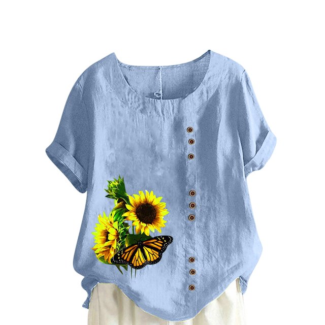 Camiseta suelta informal de verano con cuello redondo y manga corta con estampado de flores para mujer OAVQHLG3B Store lin121212