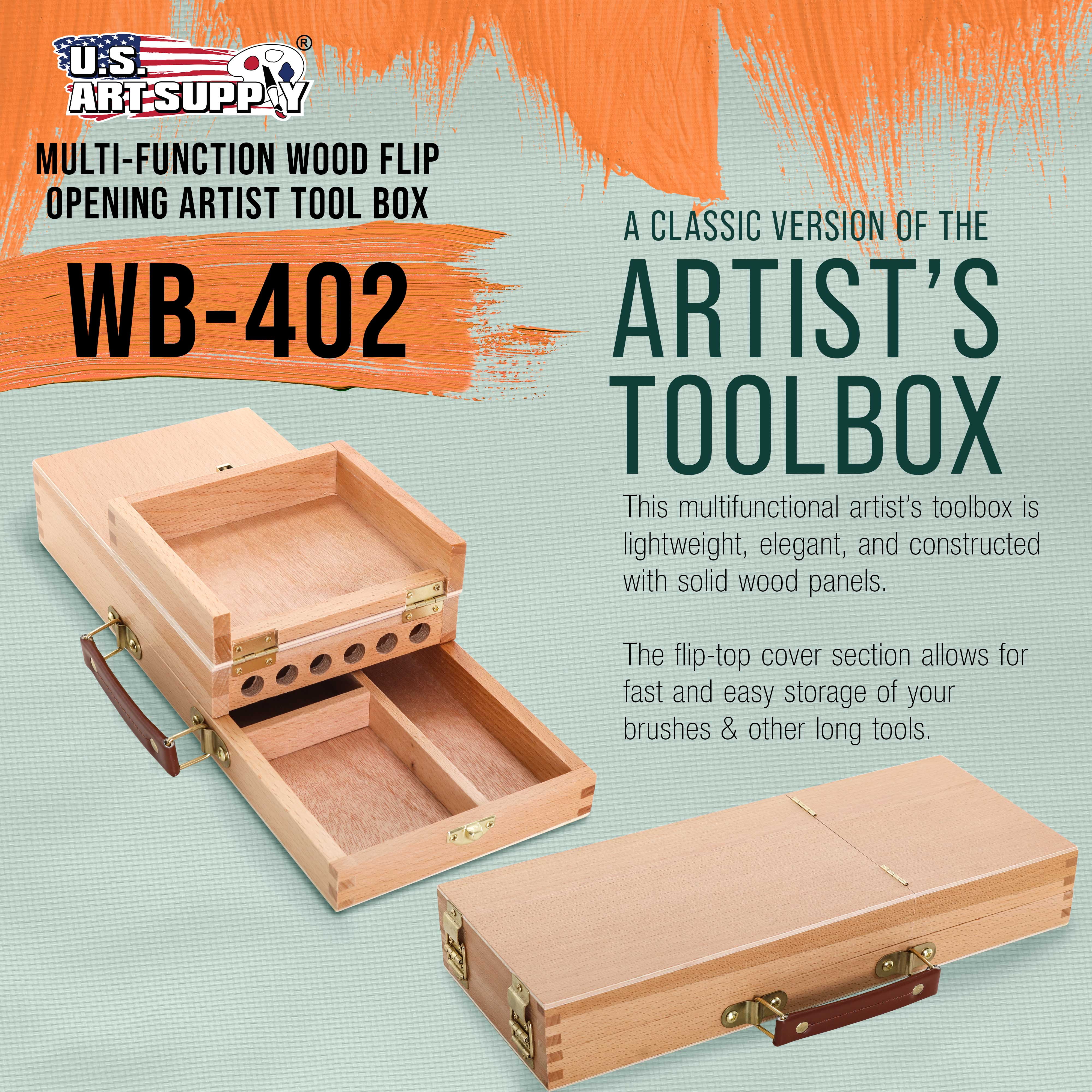 U.S. Art Supply Multi-Function Unfinished Beechwood Flip Opening Artist Tool and Brush Storage Box with Locking Clasps - Protect and Organize and Transport Pencils, Erasers, Tools & Supplies