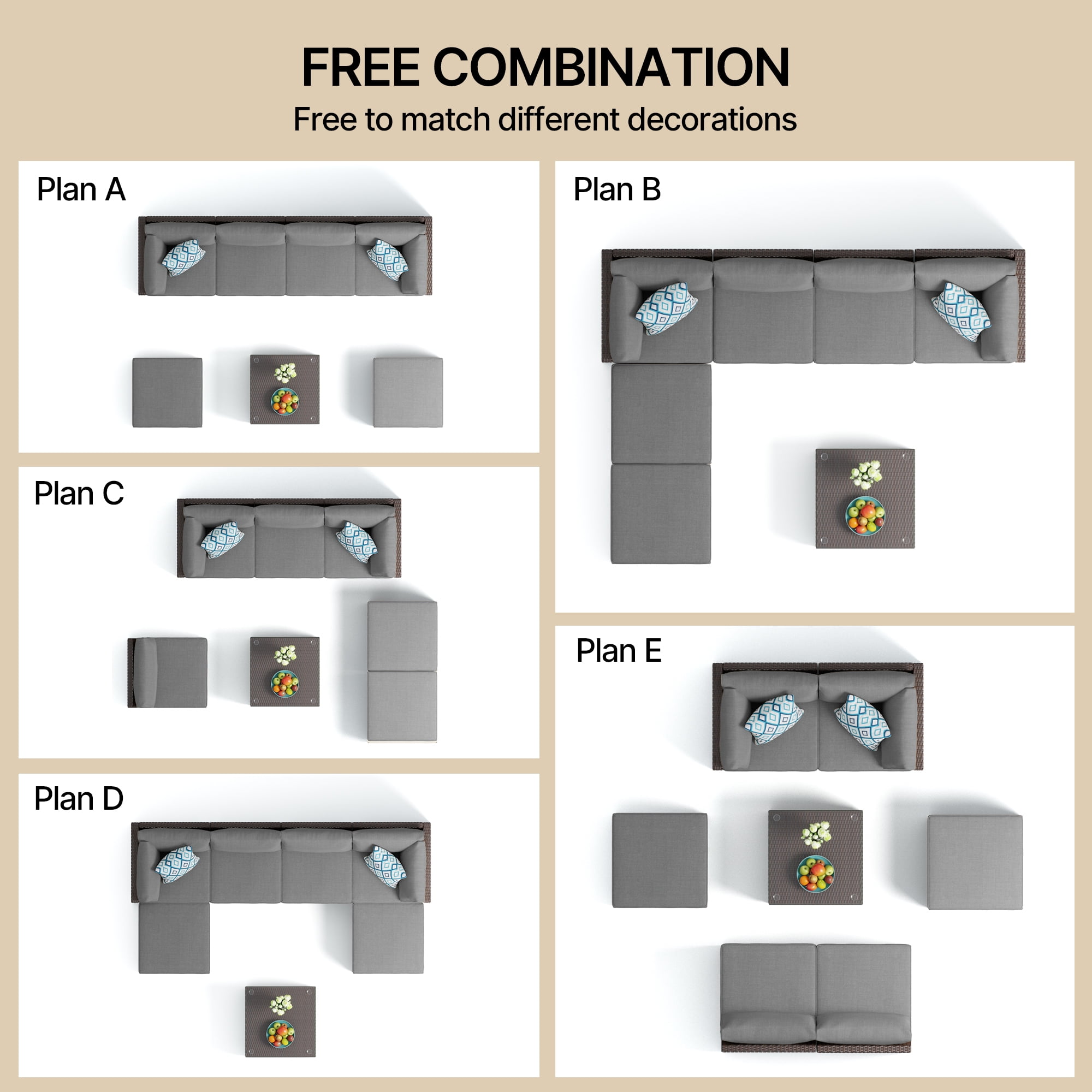 7 Piece Outdoor Patio Conversation Sets，Asofer Patio Sectional Furniture Set and A Coffee Table for Courtyard，Poolside，Party，Gray