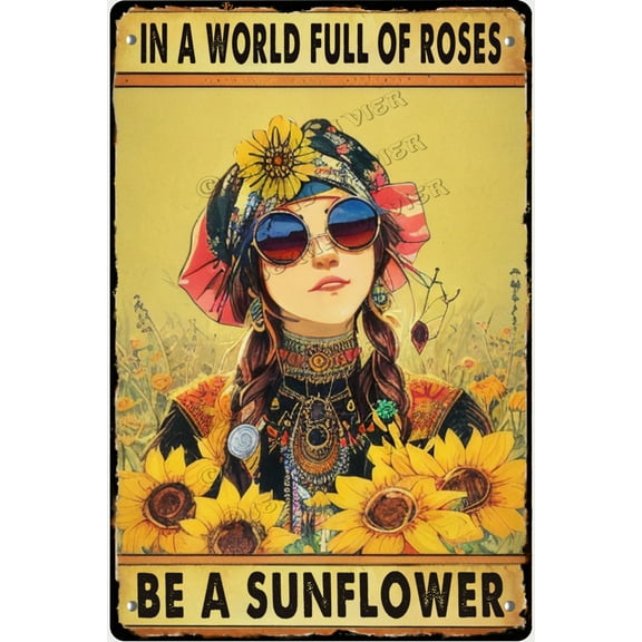 Inspirational Positive Quotes Wall Decor - in A World Full of Roses Be A Sunflower - Hippie Boho Room Decor - Motivational Poster - Encouragement Gifts - Rustic Tin Sign 8x12 in
