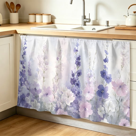 Lavender Cabinet Curtain 32"Wx55"L, Dustproof Pantry Door Curtain with Self Adhesive Tape, Pastoral Pastel Purple Pink Wildflower Tall Storage Cover Privacy Drape for Bathroom Kitchen Laundry Room