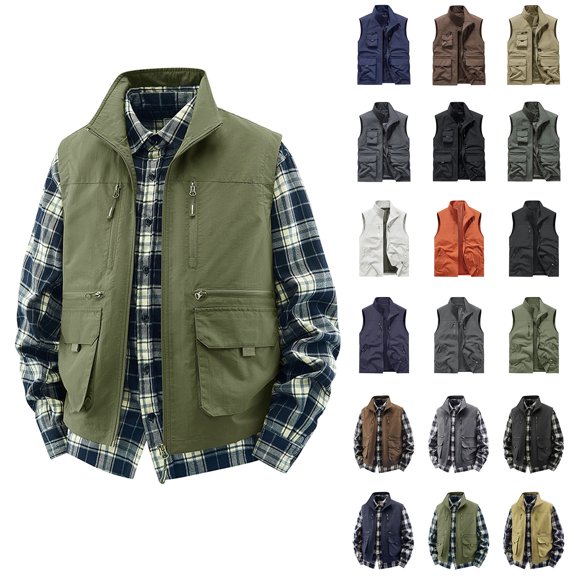 BiZtdJrK Mens Lightweight Travel Vest Zip Up Stand Collar Sleeveless Cargo Jackets Hiking Camping Summer Vests Jacket with Pockets Army Green M